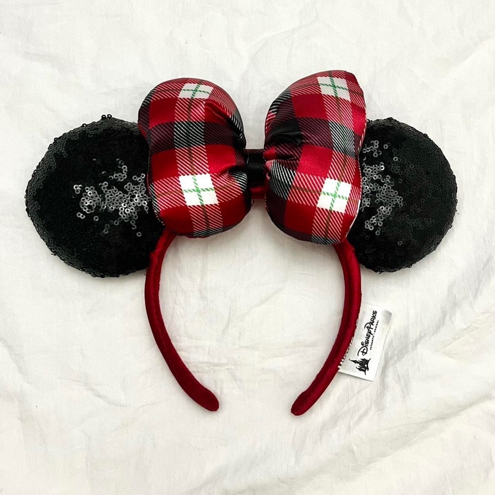 Disney Minnie Ears Headband - Holiday 2018 Plaid Bow Black Sequin Ears